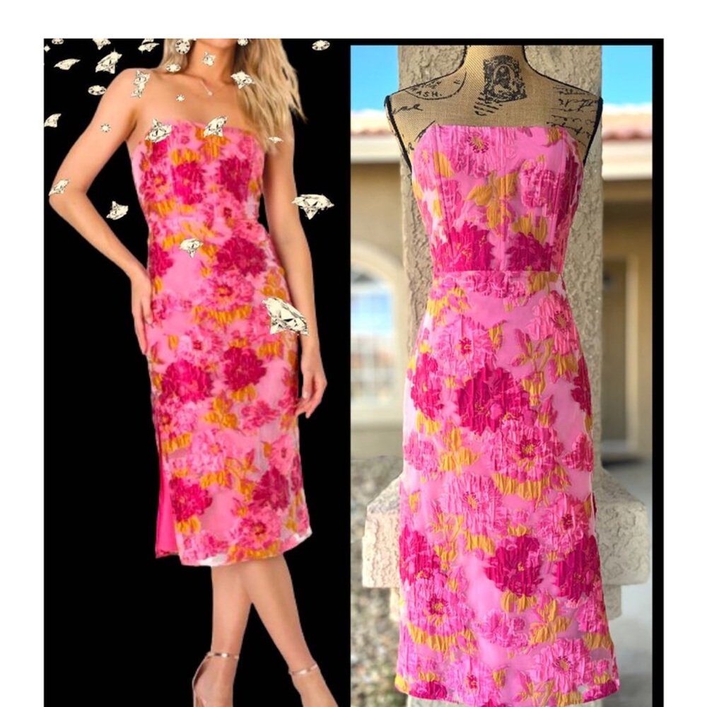 New Lulus Pink Floral Jacquard Strapless Bustier MIDI Dress Size XS